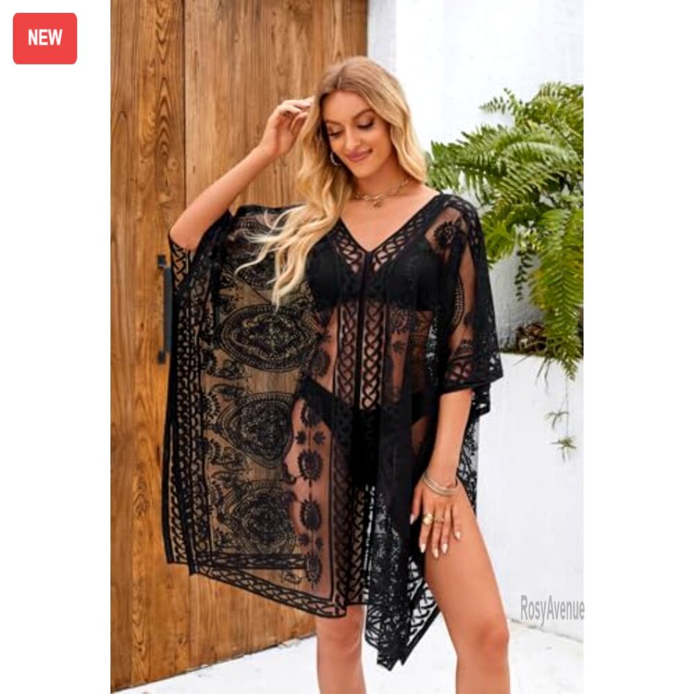 Loose Fit V-Neck Lace Beach Cover Up Dress, Polyester, One Size - Picture 2 of 7